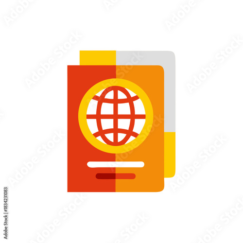 A stylized flat icon representing a passport with a globe symbol, signifying international travel and global exploration.