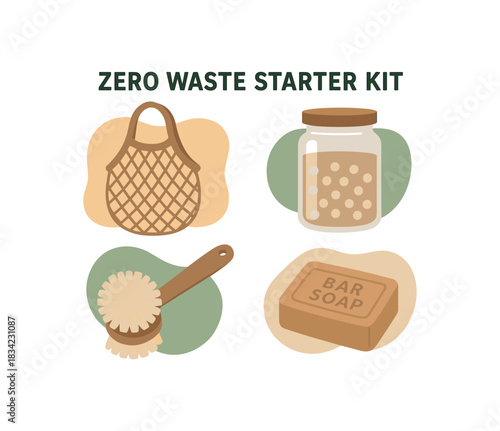 Flat vector illustration 4 zero waste starter kit: bag jar brush bar soap rounded shapes flat vector