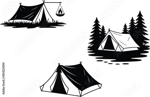 Collection of Outdoor Camping Tent and Campfire Silhouettes with Pine Tree Forest Backdrop Vector Graphics, Ideal for Adventure, Nature, Outdoors, and Hiking Design