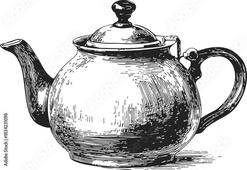 Vintage teapot sketch, hand drawn classic tea pot with lid and ornate handle. Vector illustration