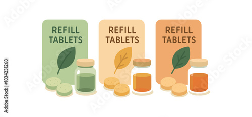 Flat vector illustration refill tablets with small jars rounded shapes flat vector eco life