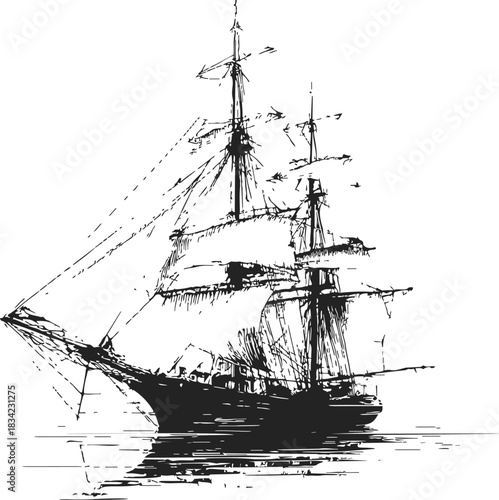 Sailing ship sketch hand drawn with tall masts and rigging at sea. Vector illustration