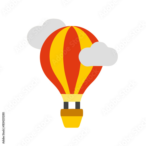 Vibrant hot air balloon floats gently among clouds, a symbol of adventure and travel