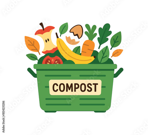 Flat vector illustration of bright compost bin filled with vivid food scraps and leaves rounded shapes clean outline clean white background composting concept