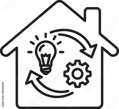 Creative home renovation with bright ideas and efficient solutions symbolized by a lightbulb and gear.