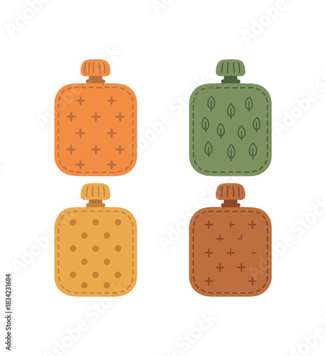 Flat vector illustration 4 reusable snack pouches with small stitched patterns rounded soft silhouettes eco food theme
