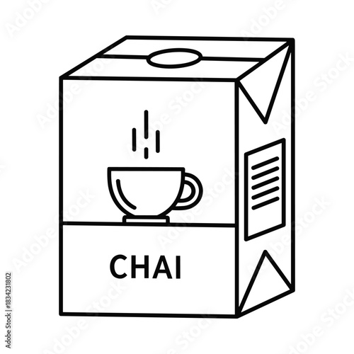 Hand drawn line art illustration of a chai tea carton with a steaming cup