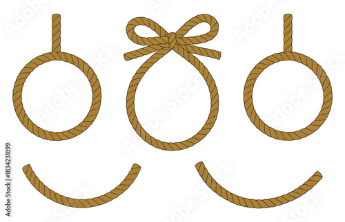 A collection of rope elements including loops and a bow knot for graphic design.