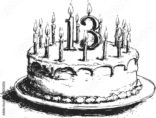 Birthday cake sketch with number thirteen candles and lit flames. Vector illustration