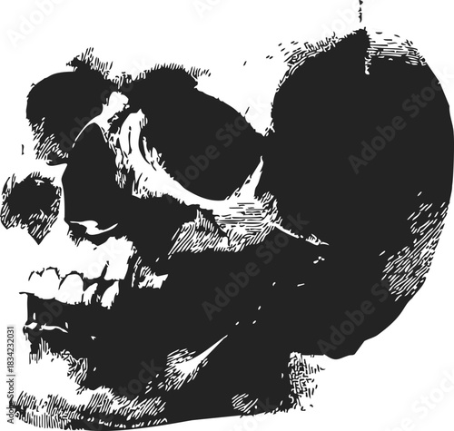 Skull sketch hand drawn side view with detailed shading. Vector illustration