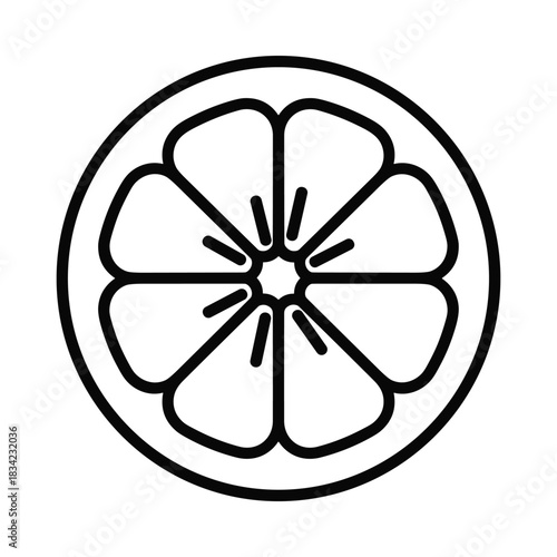 Minimalist black and white outline of a citrus fruit slice with segments and seeds
