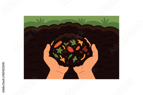 Flat vector illustration of colorful finished compost hands ready for garden bed vivid dark soil rounded forms clean outline