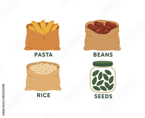 Flat vector illustration 4 grocery refills: pasta beans rice seeds rounded soft forms eco style