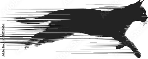 Black cat sketch hand drawn silhouette running with motion lines. Vector illustration