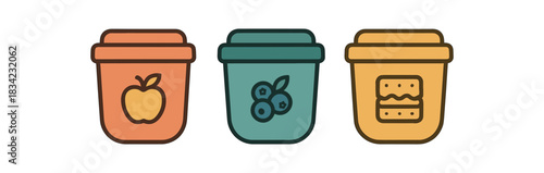Flat vector illustration reusable snack cups with small food icons rounded forms clean outline