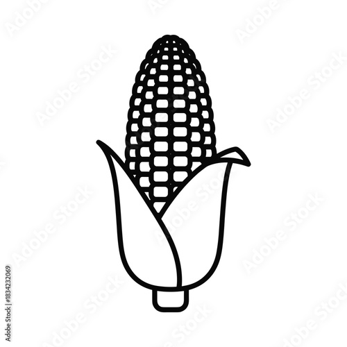 Simple black and white line drawing of a fresh ear of corn with husks