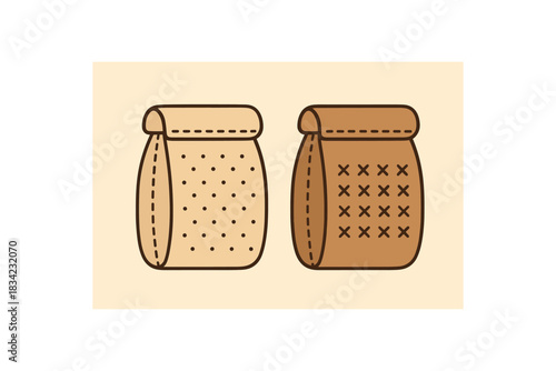 Flat vector illustration 2 reusable bread tins with tiny stitched patterns rounded shapes eco life food