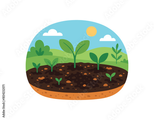 Flat vector illustration of bright garden bed topdressed with compost bold plants sprouting rounded landscape minimal detail