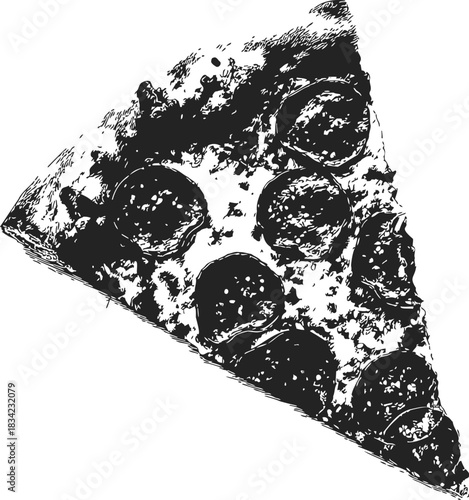 Pepperoni pizza slice sketch, hand drawn style with detailed cheese and toppings. Vector illustration