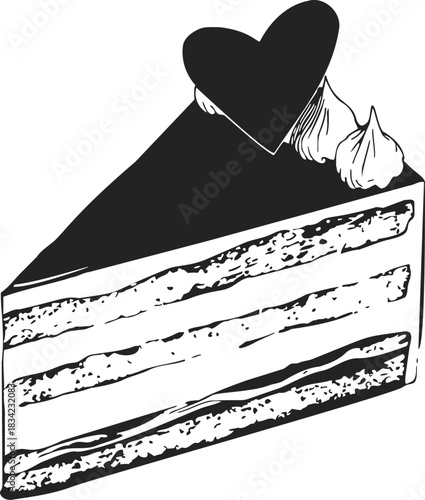 Cake slice sketch with heart topper and whipped cream decoration. Vector illustration