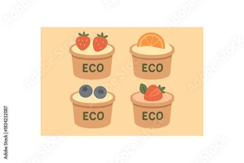 Flat vector illustration 4 eco dessert containers with fruit toppings rounded shapes friendly palette