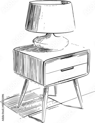 Table lamp on nightstand sketch, hand drawn mid-century bedside furniture scene. Vector illustration
