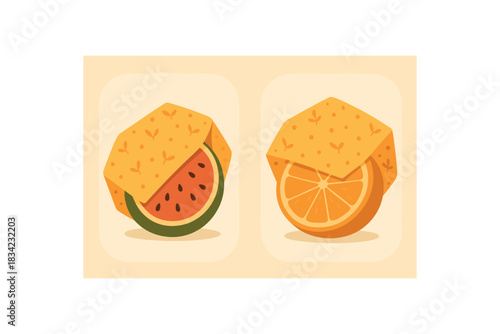 Flat vector illustration 2 beeswax wraps covering cut fruit rounded edges tiny pattern decor eco life food