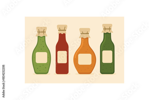 Flat vector illustration 4 glass bottles for homemade sauces rounded silhouettes clean outline eco life food