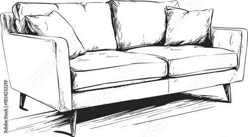 Sofa sketch hand drawn with cushions and angled legs. Vector illustration