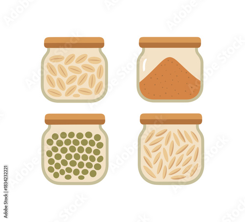 Flat vector illustration 4 eco pantry containers with grains and spices rounded shapes eco life food look