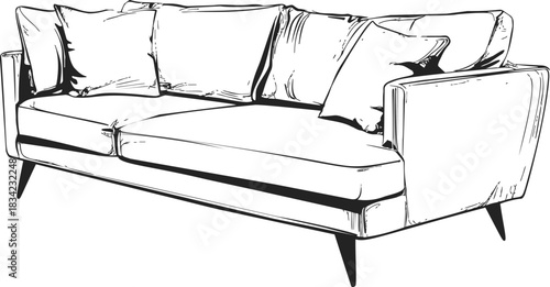 Sofa sketch hand drawn with cushions, modern mid-century style. Vector illustration