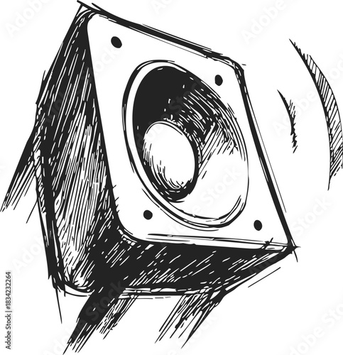 Speaker sketch hand drawn style with dynamic sound lines. Vector illustration