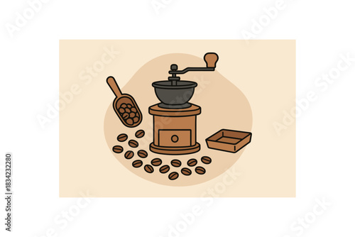 Manual grinding hand coffee grinder beans measuring scoop small tray flat vector minimal isolated organic background shape