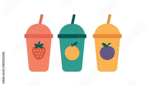Flat vector illustration reusable smoothie cups with simple fruit icons rounded silhouettes colorful palette