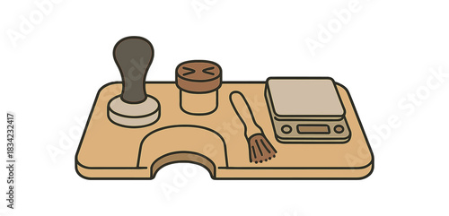 Barista station tamping mat distribution tool brush small scale flat vector illustration handdrawn lines minimal isolated abstract shape