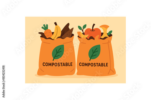 Flat vector illustration of bright compostable paper bags filled with food scraps bold leaf icons rounded shapes minimal details