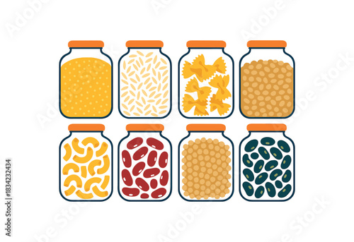 Flat vector illustration of colorful bulk food storage with bold glass jars of grains pasta beans rounded shapes minimal details clean white background