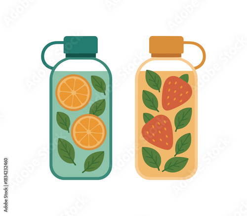 Flat vector illustration 2 reusable drink bottles with fruit infusions rounded silhouettes ecofriendly food