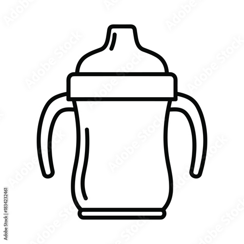 Simple line art illustration of a baby sippy cup with handles