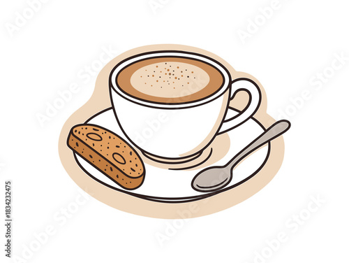 Serving set cappuccino cup saucer teaspoon biscotti flat vector illustration handdrawn outlines minimal isolated abstract shape