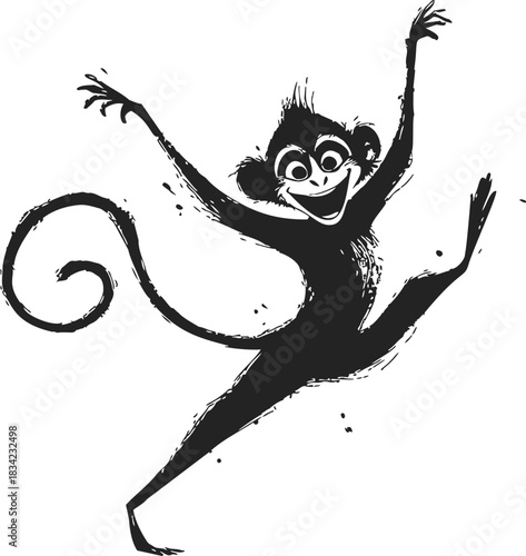 Monkey sketch hand drawn joyful dancing pose with expressive face. Vector illustration