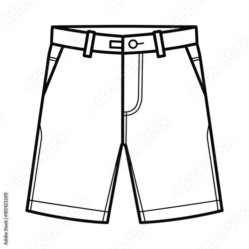 Simple line drawing illustration of classic men s knee length shorts with belt loops and pockets
