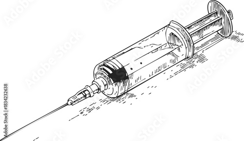 Syringe sketch hand drawn medical injection tool with detailed plunger and needle. Vector illustration
