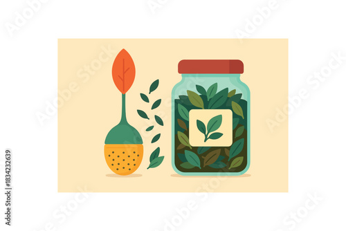 Flat vector illustration of colorful tea infuser and looseleaf tea jar replacing tea bags rounded shapes clean vector