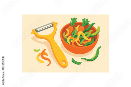 Flat vector illustration of bright vegetable peeler and scraps bowl for stock making vivid accents rounded shapes