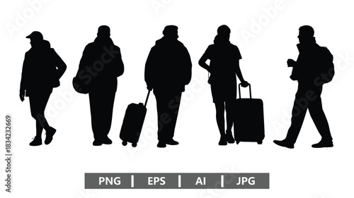 Travelers with luggage silhouettes ready for vacation or business trip adventures