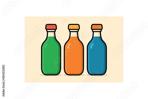 Flat vector illustration of colorful glass bottle trio for beverages with vivid caps rounded shapes clean outline
