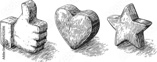 Thumbs up, heart, and star sketch hand drawn icons with shading. Vector illustration