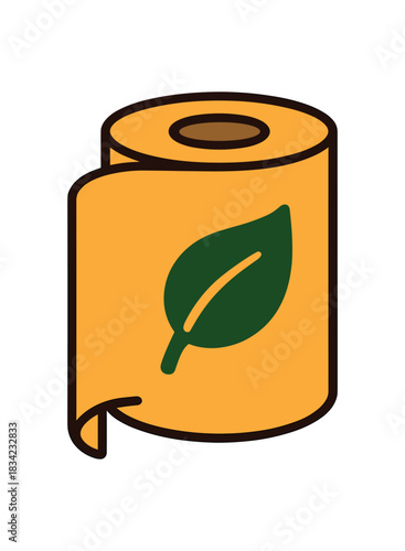Flat vector illustration of bright recycled paper roll with bold eco leaf icon rounded shapes clean outline clean white background eco packaging
