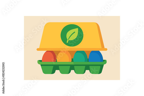 Flat vector illustration of colorful cardboard egg carton with vivid eco icon rounded shapes minimal details